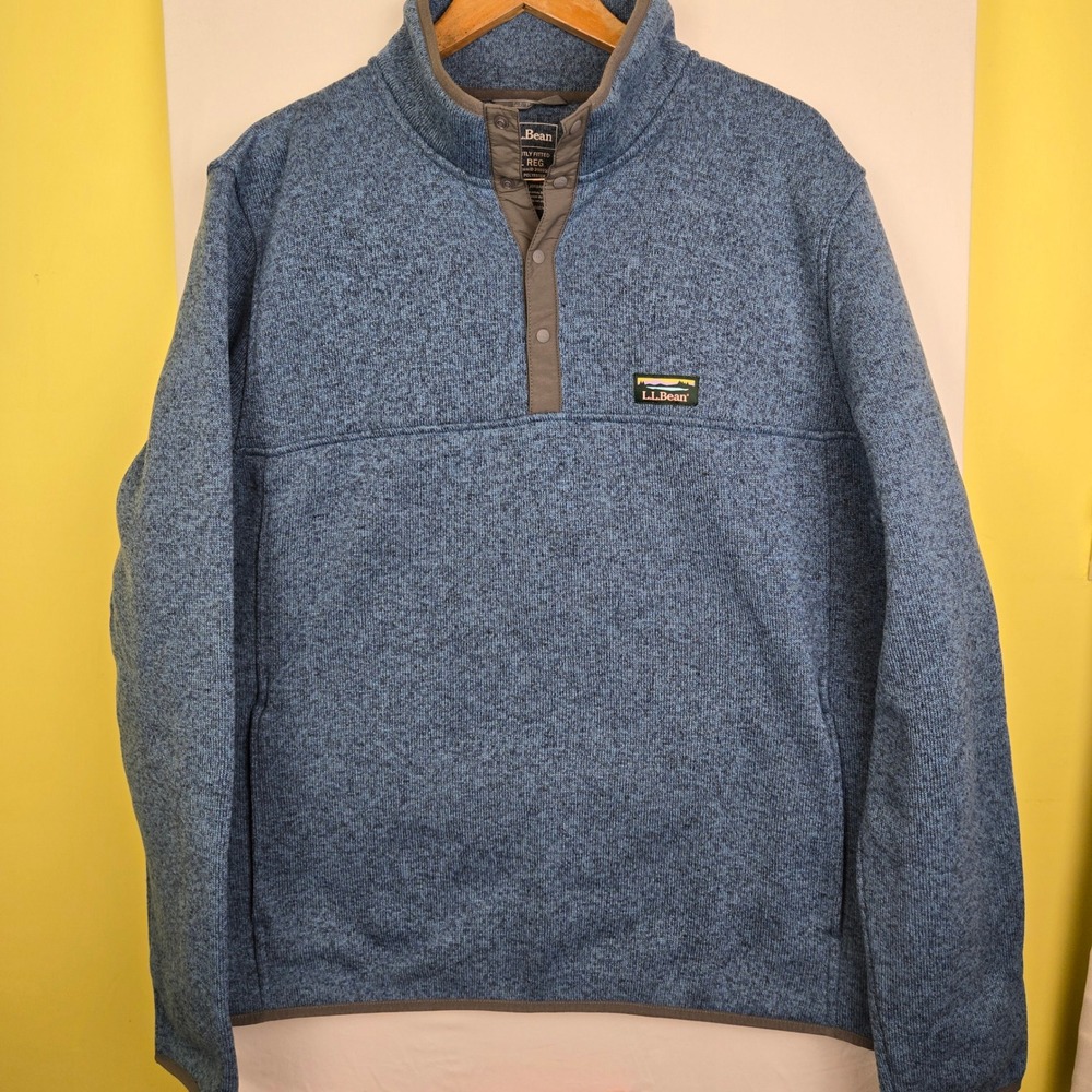 LL Bean Mens Sweater Fleece Pullover Blue XL 298050 Snap Neck Slightly Fitted